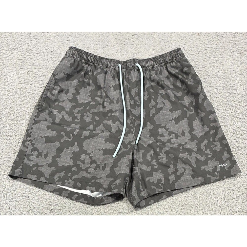 Huk Shorts Mens Medium Gray Camo Swim Trunks Elastic Waist Lined Quick Dry